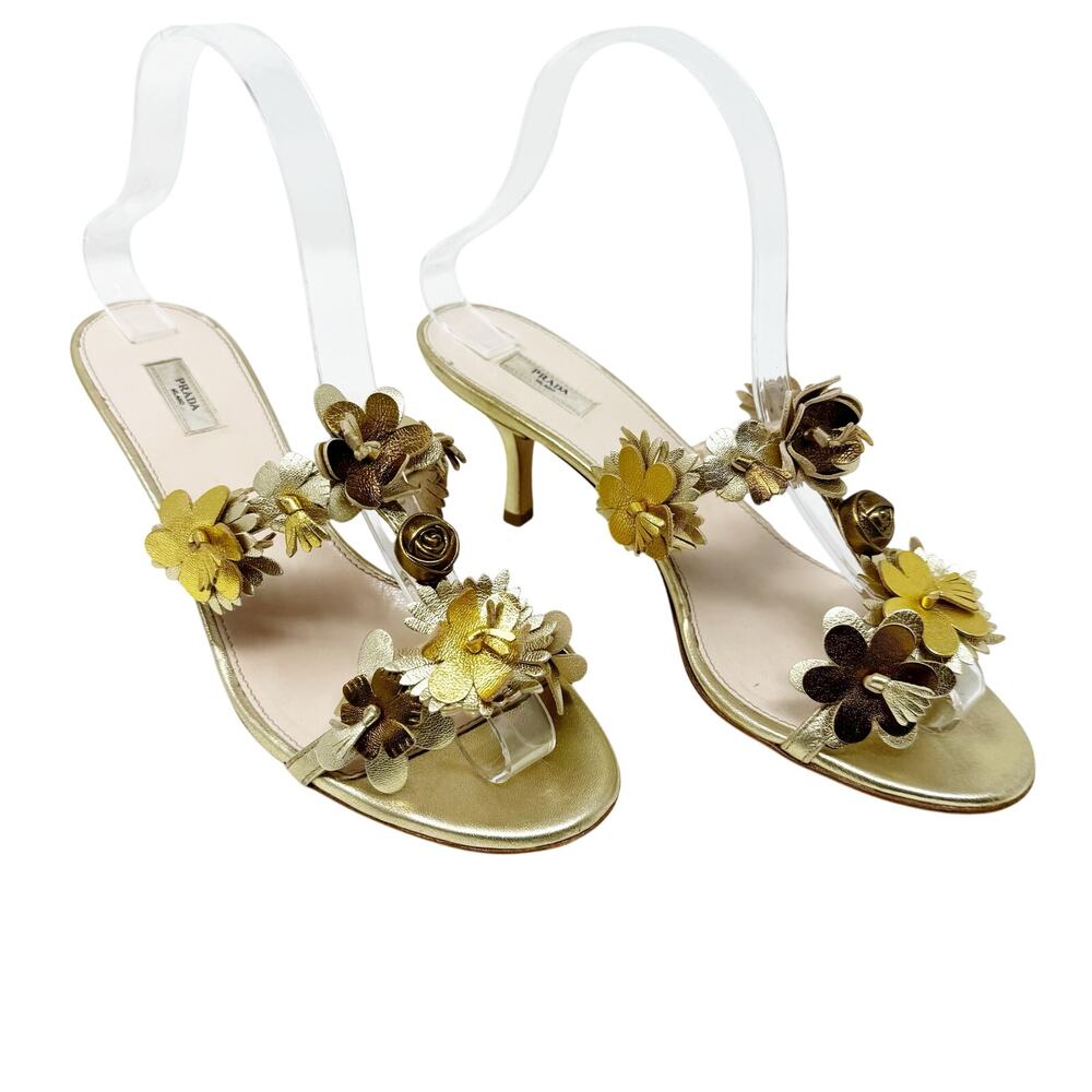 Prada Vintage Metallic Gold Leather 3D Floral Applique Slide Mule Sandals 37